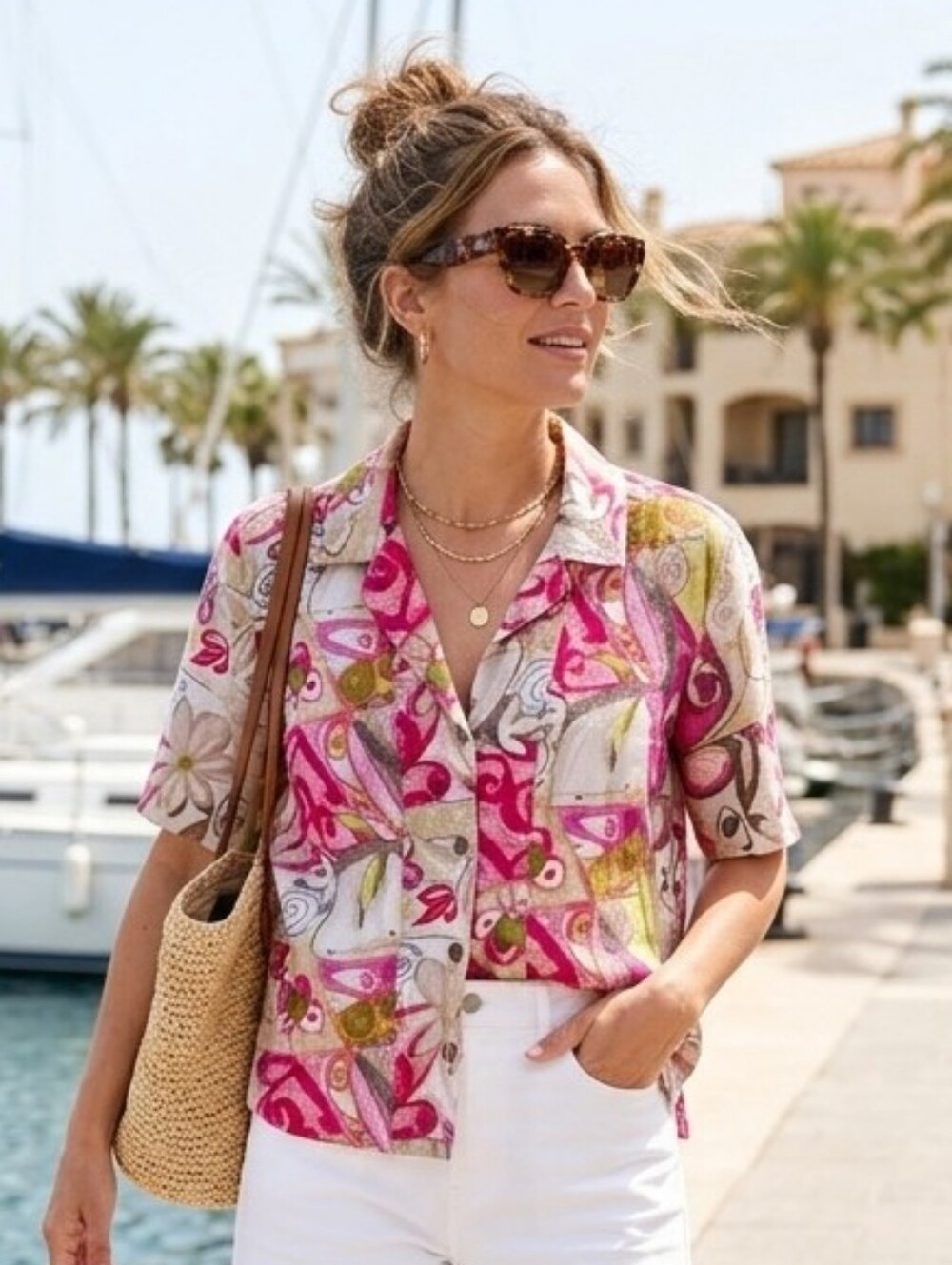 Chico's M Eclectic Resortwear Coastal Abstract Art Patchwork Floral Linen Shirt